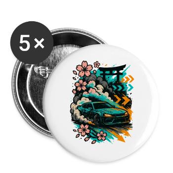 JDM Driftcar, Sakura Smoke, Japan Style - Buttons groß 56 mm (5er Pack) - Weiß - Vorne