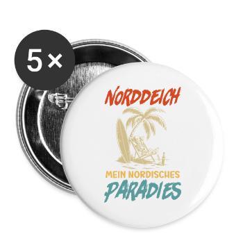 NORDDEICH IST MEIN NORDISCHES PARADIES Lustig - Buttons groß 56 mm (5er Pack) - Weiß - Vorne