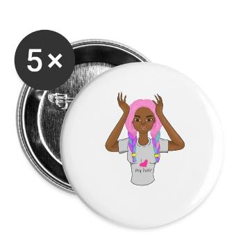 Schwarzes Mädchen pinke Haarzöpfe Ich liebe meine Haare süß Gi - Buttons groß 56 mm (5er Pack) - Weiß - Vorne