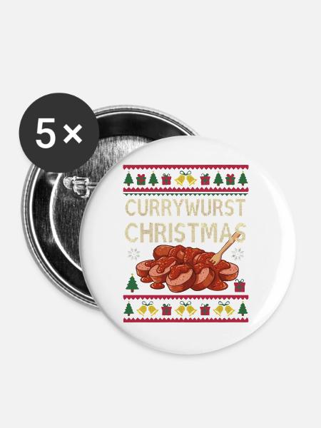 Merry Currymas Currywurst Weihnachten Xmas Wurst - Buttons groß 56 mm (5er Pack) - Weiß