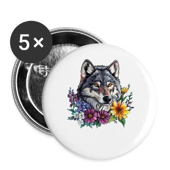 Wolfsfreund im Blumenkranz - Buttons groß 56 mm (5er Pack) - Weiß - Vorne