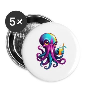 Bunter Oktopus mit Drink - Buttons groß 56 mm (5er Pack) - Weiß - Vorne