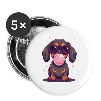 Dackel mit Sonnenbrille und Kaugummi - Buttons groß 56 mm (5er Pack) - Weiß - Vorne