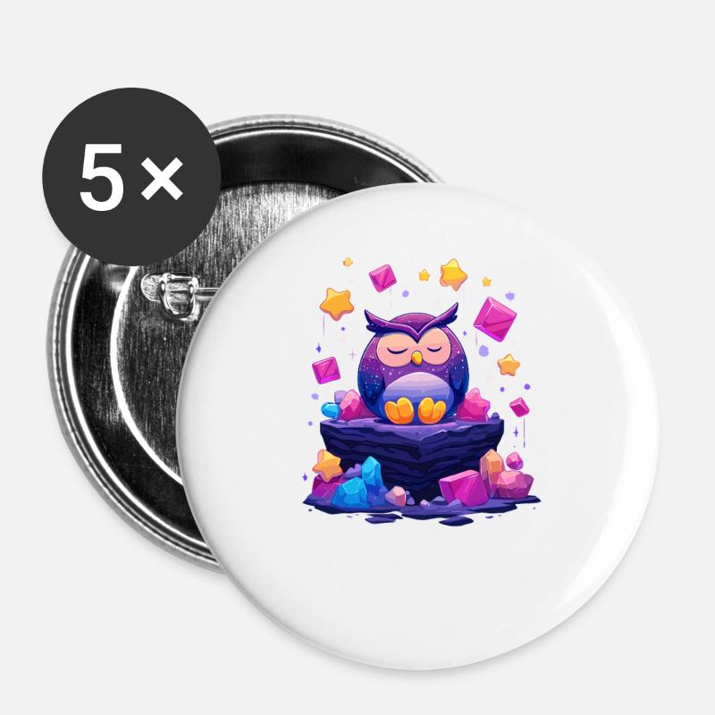 Schlafende Eule am Kristallfels - Buttons groß 56 mm (5er Pack) - Weiß