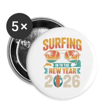 Surfen ins Neue Jahr 2026 - Buttons groß 56 mm (5er Pack) - Weiß - Vorne
