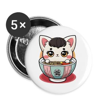 Kawaii Ramen Katze - Buttons groß 56 mm (5er Pack) - Weiß - Vorne