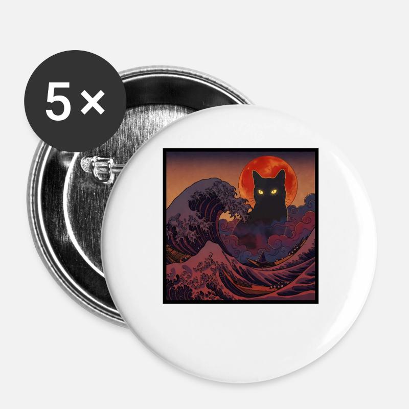 Mystic Black Cat Japanese Wave Night - Buttons large 2.2''/56 mm (5-pack) - white