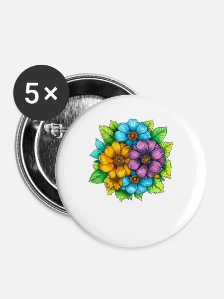 Lebendige Farbblumen Bouquet - Buttons groß 56 mm (5er Pack) - Weiß