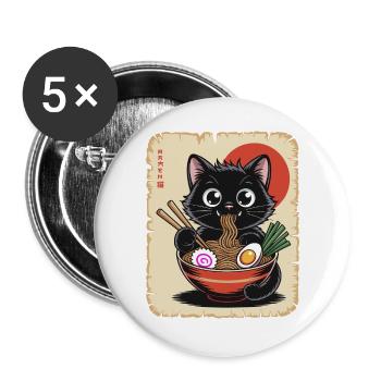 Chat noir de Kawaii mangeant des nouilles ramen japonaises - Lot de 5 grands badges (56 mm) - blanc - Devant