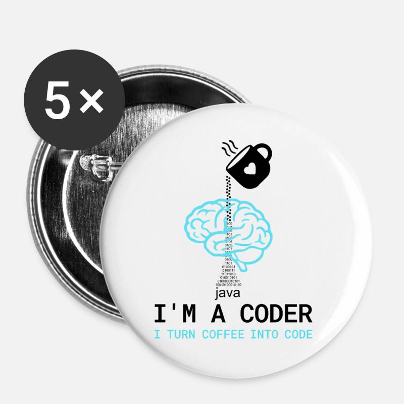 Coder T-Shirt: Coffee into Code – Nerdy Programmie - Buttons large 2.2''/56 mm (5-pack) - white
