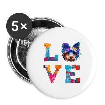 Yorkshire Terrier Bunter Farbhund Papa Hunde Mutter - Buttons groß 56 mm (5er Pack) - Weiß - Vorne