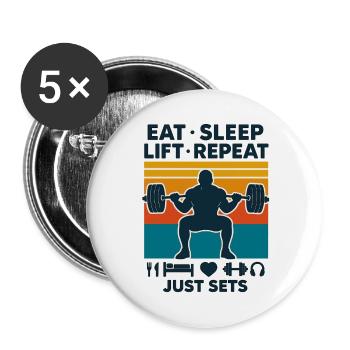 Haltérophile de salle de sport, Eat Sleep Lift Fitness - Lot de 5 grands badges (56 mm) - blanc - Devant