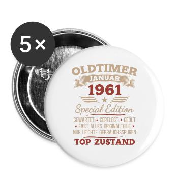 Cadeau du 65e anniversaire Voiture ancienne janvier 1961 - Lot de 5 grands badges (56 mm) - blanc - Devant