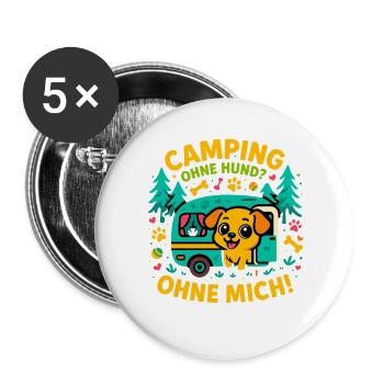 Camping Hundeliebe Urlaub, Geschenk Hundecamper - Buttons groß 56 mm (5er Pack) - Weiß - Vorne