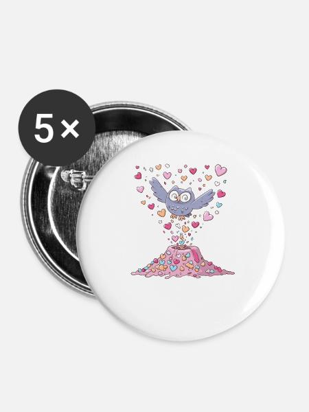 Pastell-Eule mit Liebesherzen - Buttons groß 56 mm (5er Pack) - Weiß