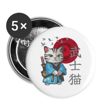 Cat Anime Japanese Samurai Kitten - Buttons large 2.2''/56 mm (5-pack) - white - Front