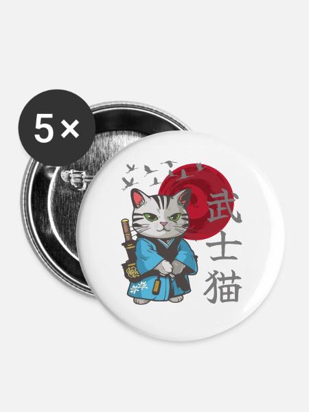 Katze Anime japanisch Samurai Kätzchen - Buttons groß 56 mm (5er Pack) - Weiß