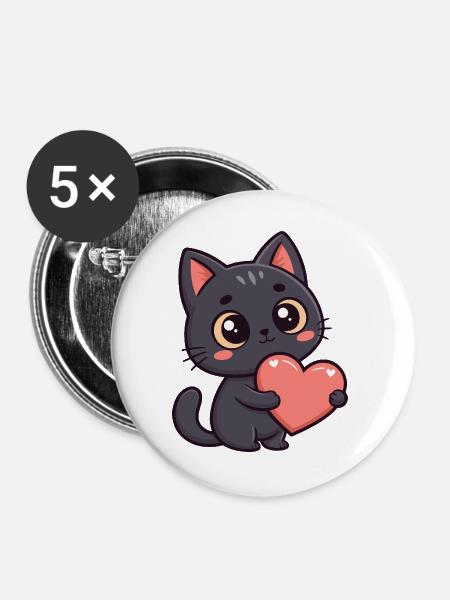 Schwarzes Katzenherz - Buttons groß 56 mm (5er Pack) - Weiß