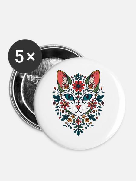 Blumenblüten Katzenporträt - Buttons groß 56 mm (5er Pack) - Weiß