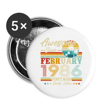 Février 1986 Vintage Rétro Anniversaire - Lot de 5 grands badges (56 mm) - blanc - Devant