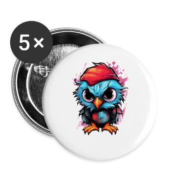 Bunte Eulen-Pop mit rotem Hut - Buttons groß 56 mm (5er Pack) - Weiß - Vorne