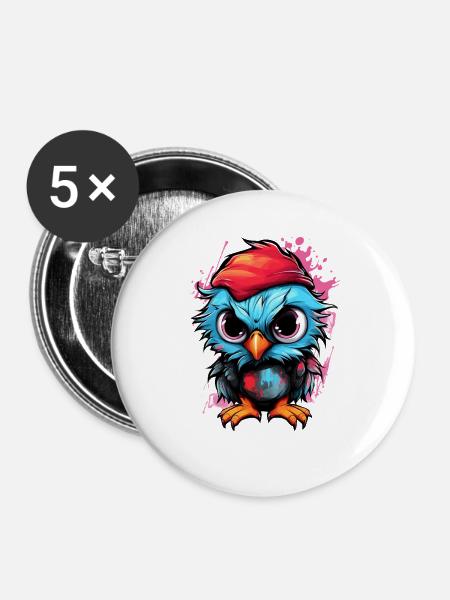 Bunte Eulen-Pop mit rotem Hut - Buttons groß 56 mm (5er Pack) - Weiß