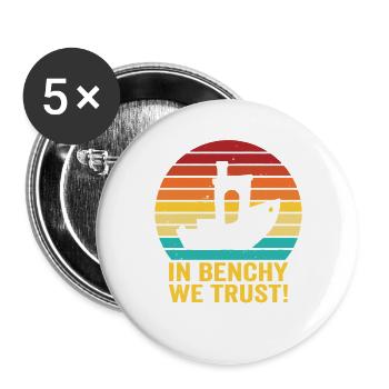 In Benchy We Trust – Retro 3D Druck Design - Buttons groß 56 mm (5er Pack) - Weiß - Vorne