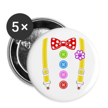 Buntes Clown Kostüm mit Hosenträgern - Buttons groß 56 mm (5er Pack) - Weiß - Vorne