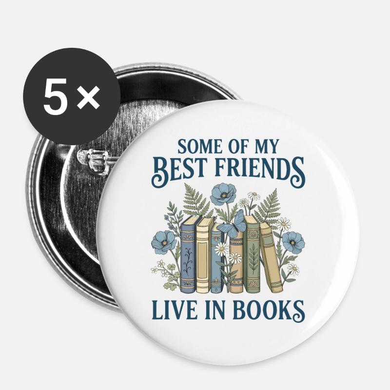 Book Lover Vintage Botanical Friends (Navy Text) - Buttons large 2.2''/56 mm (5-pack) - white