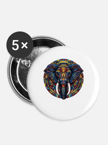 Farbenfrohe Elefanten-Mandala - Buttons groß 56 mm (5er Pack) - Weiß