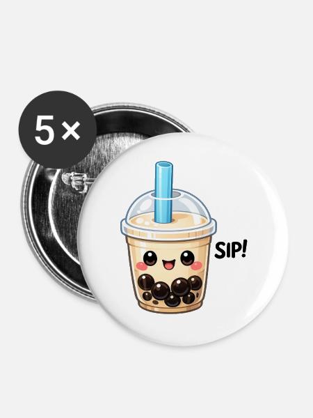 Kawaii Boba Milchtee Becher - Buttons groß 56 mm (5er Pack) - Weiß
