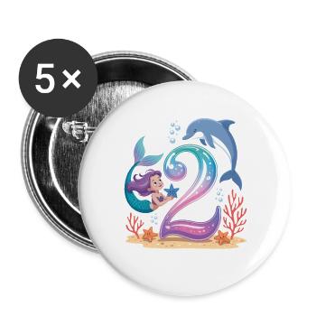 Meerjungfrau 2. Geburtstag 2 Jahre - Buttons groß 56 mm (5er Pack) - Weiß - Vorne