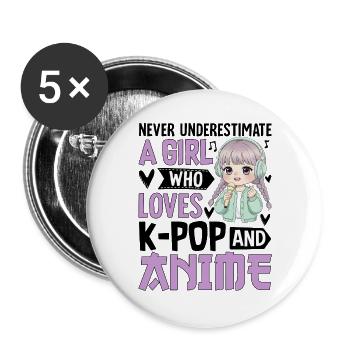 Never Underestimate Girl Who Loves K-Pop And Anime - Buttons large 2.2''/56 mm (5-pack) - white - Front