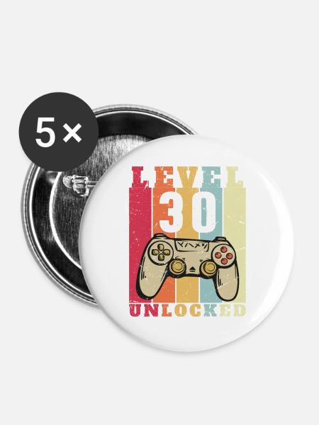 Level 30 Vollständiges 30-jähriges Jubiläum - Buttons groß 56 mm (5er Pack) - Weiß