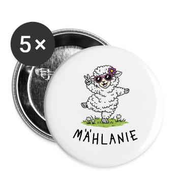 Mählanie – Süßes tanzendes Schaf mit Wortspiel - Buttons groß 56 mm (5er Pack) - Weiß - Vorne