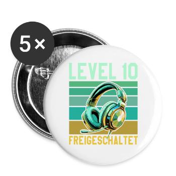 10e anniversaire Garçon Fille Gamer Niveau 10 ans - Lot de 5 grands badges (56 mm) - blanc - Devant