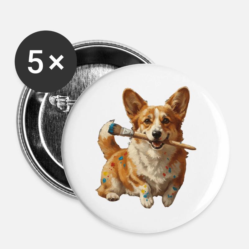 Corgi-Künstler mit Pinsel - Buttons groß 56 mm (5er Pack) - Weiß