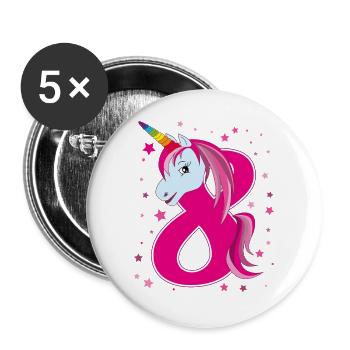 Licorne, 8 ans, huit ans, anniversaire - Lot de 5 grands badges (56 mm) - blanc - Devant