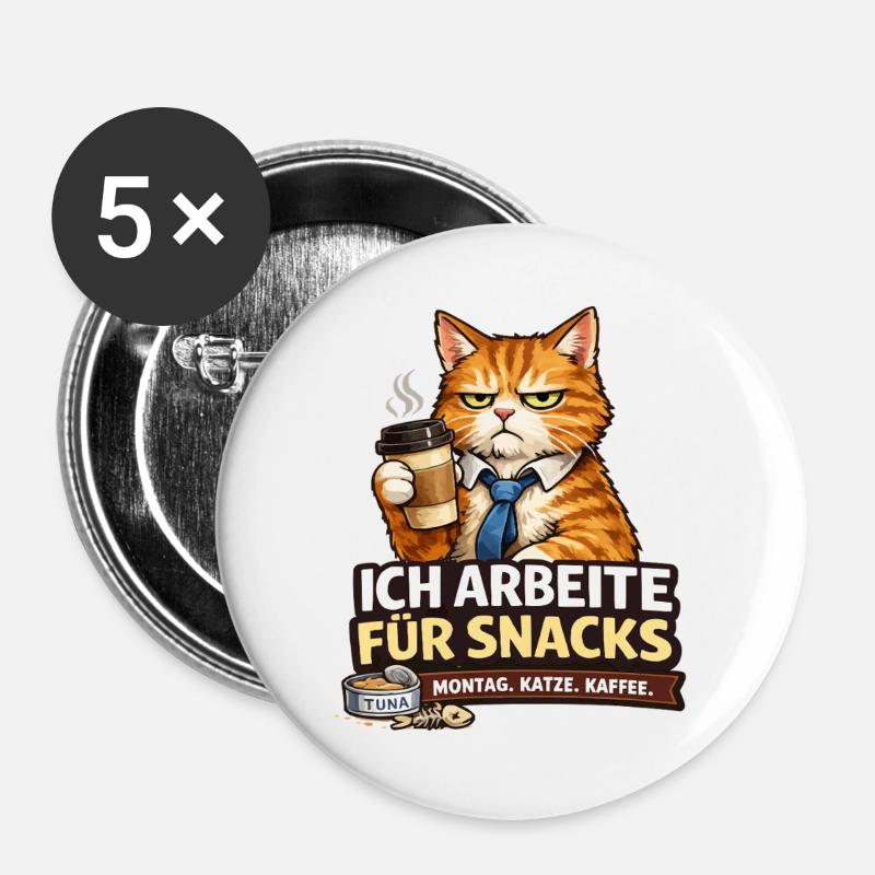 I work for Snacks – Office Cat - Buttons large 2.2''/56 mm (5-pack) - white