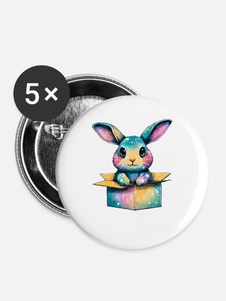 Kunterbunter Hase im Karton - Buttons groß 56 mm (5er Pack) - Weiß