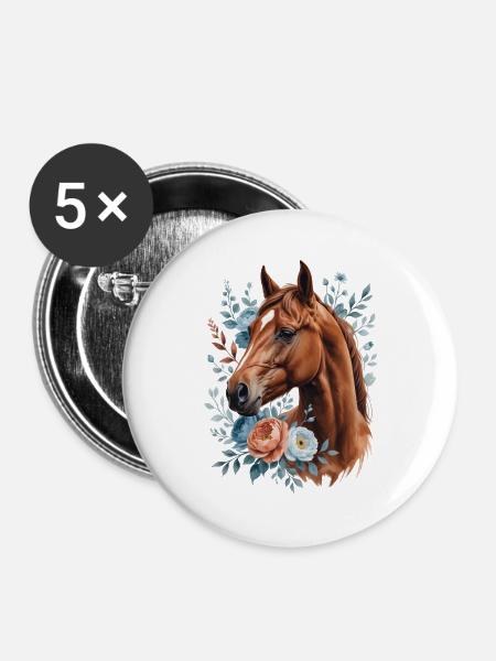 Pferd mit Blumenkranz - Buttons groß 56 mm (5er Pack) - Weiß