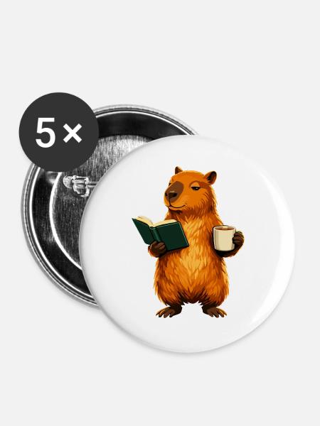 Capybara liest Buch mit Kaffee Buchliebhaber - Buttons groß 56 mm (5er Pack) - Weiß