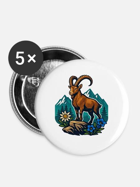 Steinbock auf Bergwiese - Buttons groß 56 mm (5er Pack) - Weiß