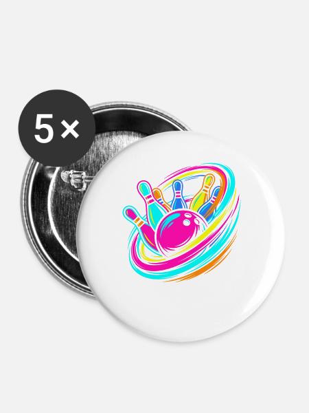 Bowlingkugel und Pins Strike - Buttons groß 56 mm (5er Pack) - Weiß
