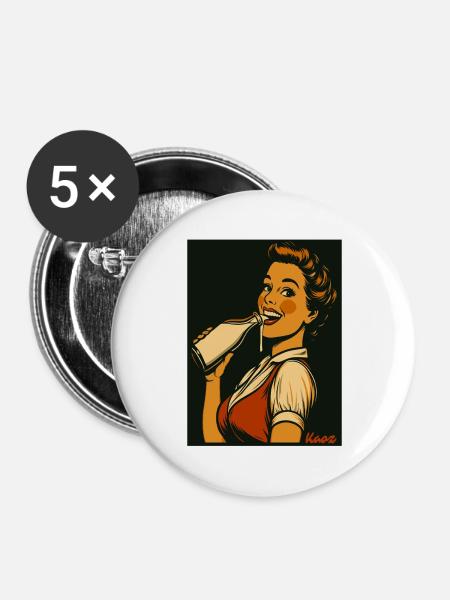 Retro Dame mit Milch Getränk  - Buttons groß 56 mm (5er Pack) - Weiß