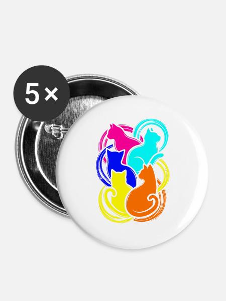 Bunte Katzen - Buttons groß 56 mm (5er Pack) - Weiß