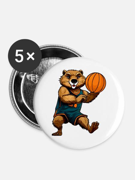 Basketballer Biber - Buttons groß 56 mm (5er Pack) - Weiß