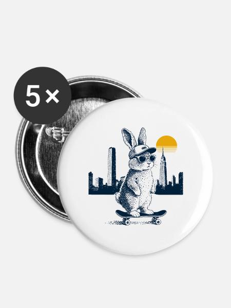 Skater Häschen - Buttons groß 56 mm (5er Pack) - Weiß
