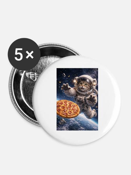 Astronautenkatze rettet Pizza im All - Buttons groß 56 mm (5er Pack) - Weiß