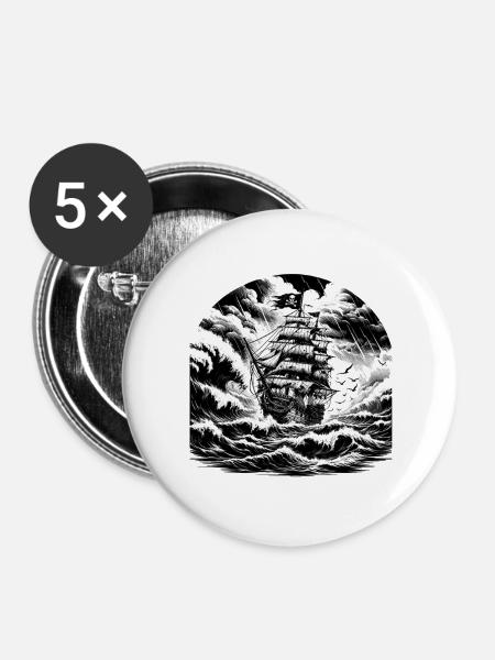 Sturmsee Piratenschiff Gravur - Buttons groß 56 mm (5er Pack) - Weiß